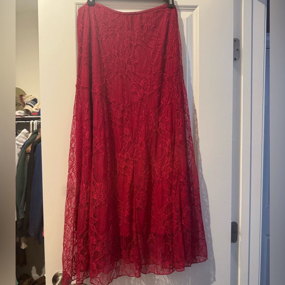 Anthropologie Red Asymmetrical Lace Skirt - Picture 2 of 3